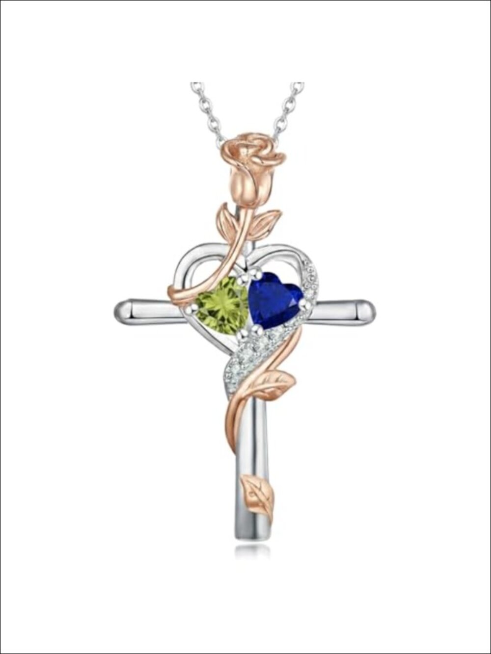 Rose Gold Cross Birthstone Pendant Necklace for Women, August September